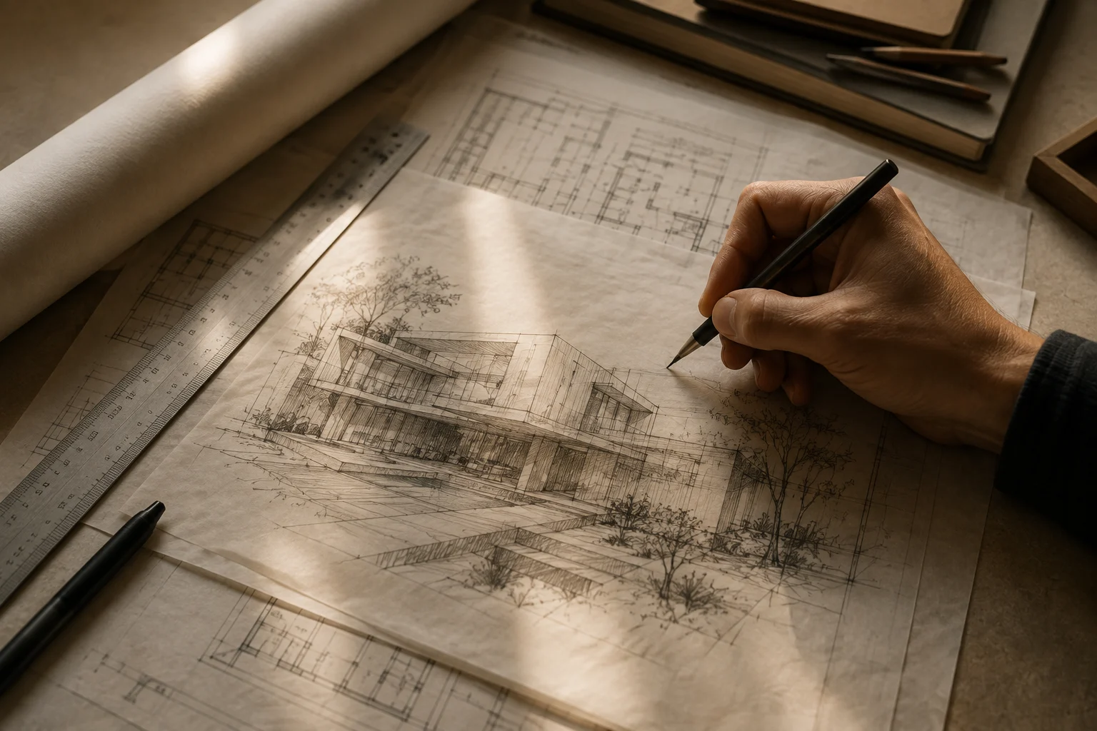 Architect sketching a home elevation over blueprints